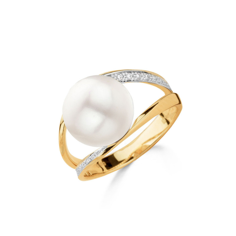 Bague OR Jaune et Blanc 750 ml Diamants et Perle blanche